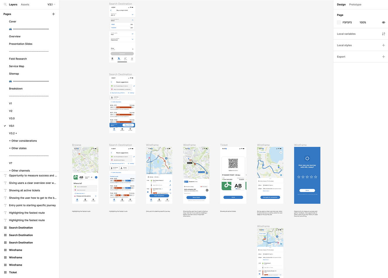 Design file handoff asset showing navigation flow and screens